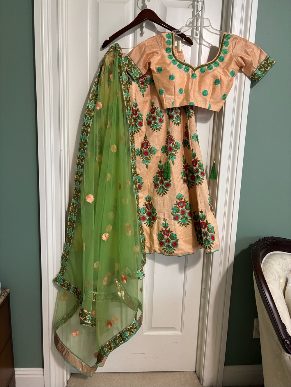 designer Peach & Green Floral Lehenga three piece Set Medium